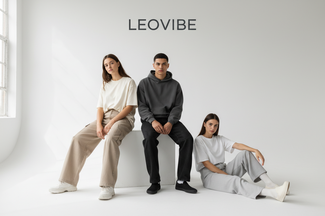 Three people sitting on a white bench with 'LEOVIBE' branding in the background.